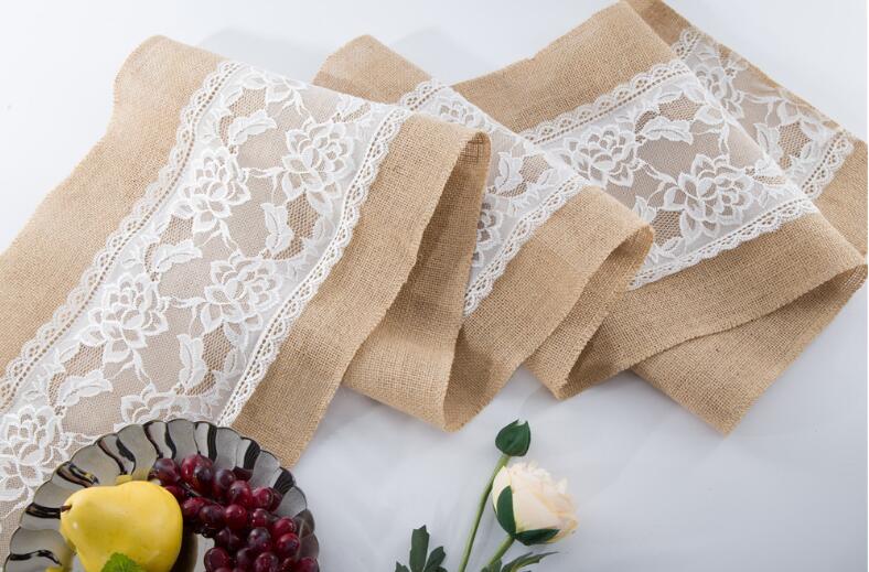 Linen Lace Table Runner Vintage Burlap Cloths Natural Jute Country for Party Wedding Decoration