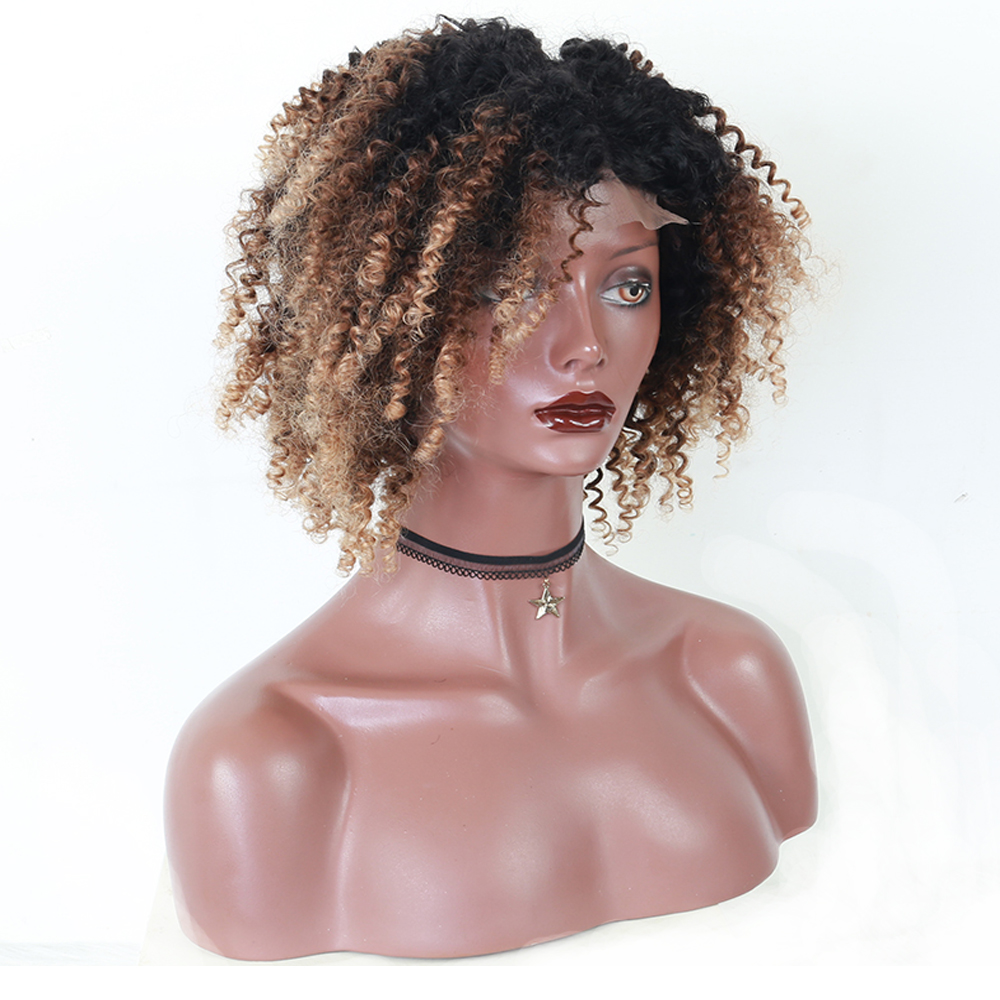 Blonde Afro Kinky Curly Wigs Colorful Ombre Lace Front Closure Wig 4x4 Short Human Hair Wigs With Baby Hair Cut Bob 1B427