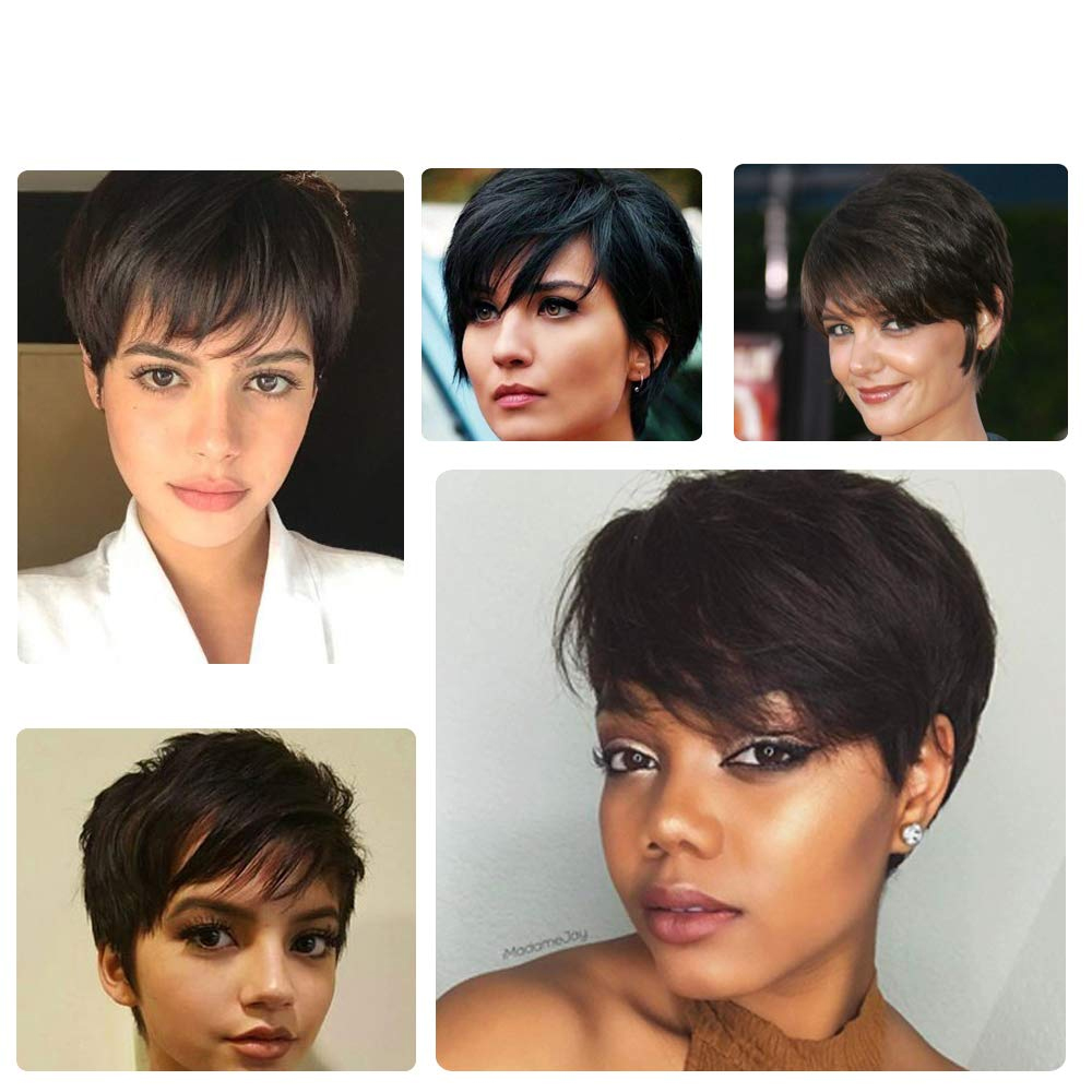 150density full Brazilian Short Pixie Cut None lace front Wigs with bangs 100% Remy Human Hair Wig For Black Women