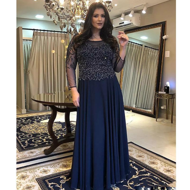 Elegant Mother of the Bride Dresses Jewel Long Sleeve Floor Length Beads Chiffon Mother Wedding Guest Gowns 2020 Women Evening Dress