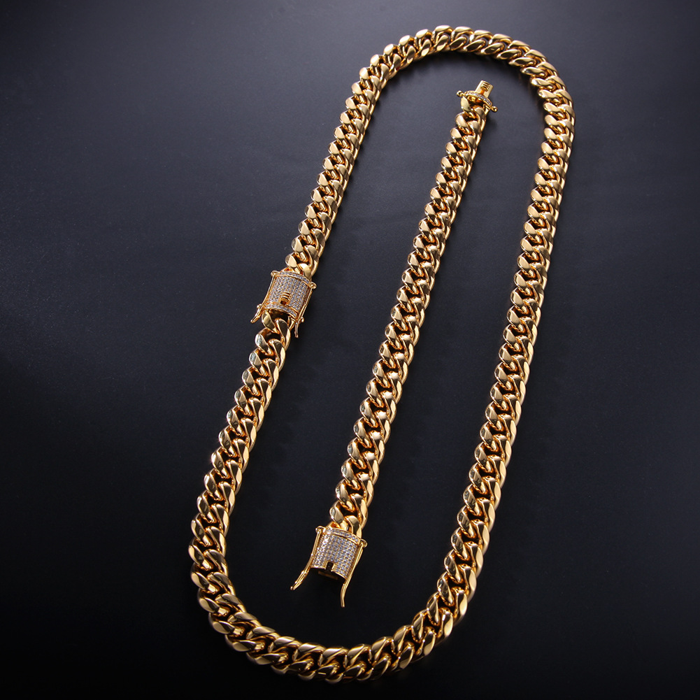 18k Gold Plated Tone Stainless Steel Mens Necklace Chains Curb Cuban Link Chain with Diamond Iced Out Keylock Buckle Hip Hop Fashi