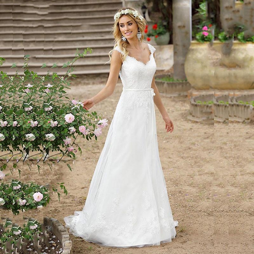 Vestidos De Novia 2020 Beach Cheap Boho Wedding Dress Buttons Back Lace Applique A-line Princess Wedding Gown China Bridal Gowns