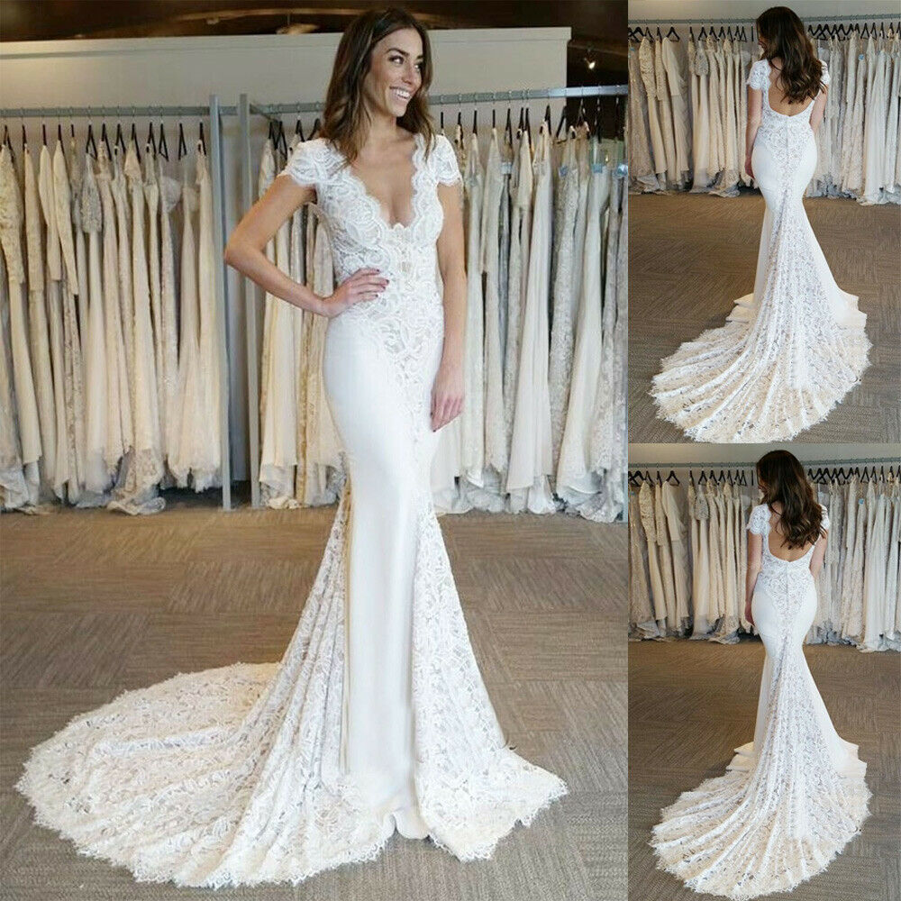 2019 Country Mermaid Wedding Dresses V Neck Lace Cap Sleeve Satin Backless Sweep Train Bridal Gowns Plus Size Beach robe de mariée