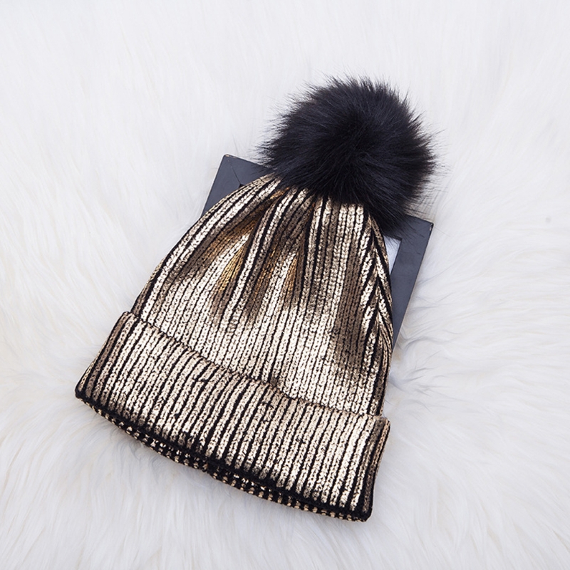 Women Girls Winter Warm Metallic Shiny Knitted Crochet Beanie Hat With Pom Pom S18120302