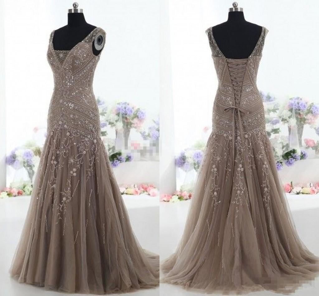 Brown Mermaid Evening Formal Dresses 2019 Real Image V Neck Applique Beads Tulle Corset Trumpet Occasion Prom Wear Gowns