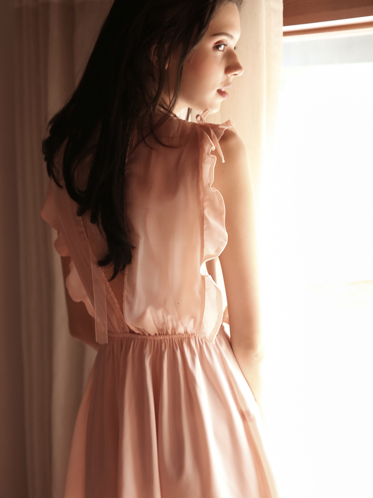 Leaf Lace Sheer Gauze Seductive Slumber Ruffles Satin Nightgowns Sleeping Dress Women Sexy Lingerie Sleepwear Lotus V191213