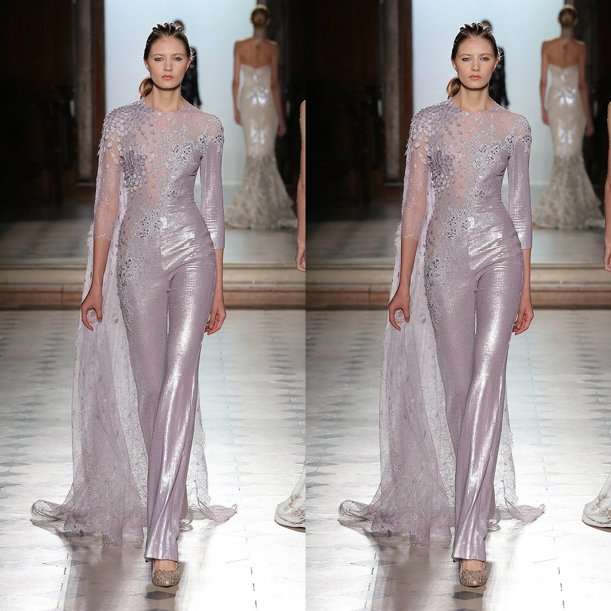 Tony Ward 2019 Jumpsuits Prom Dresses With Cape Lace Appliqued Beaded Illusion Formal Evening Gowns 3/4 Long Sleeve Elegant Party Dress