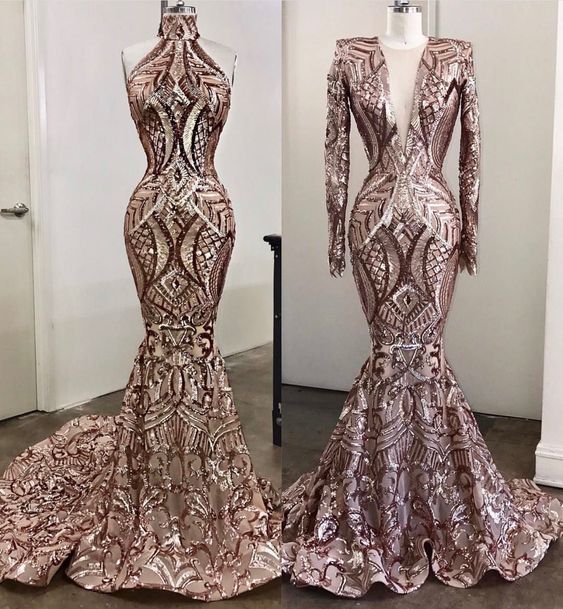 Sparkly Rose Gold Sequins Mermaid Evening Dresses 2020 African Luxury Real Image Muslim Long Sleeve Arab Prom Pageant Gown