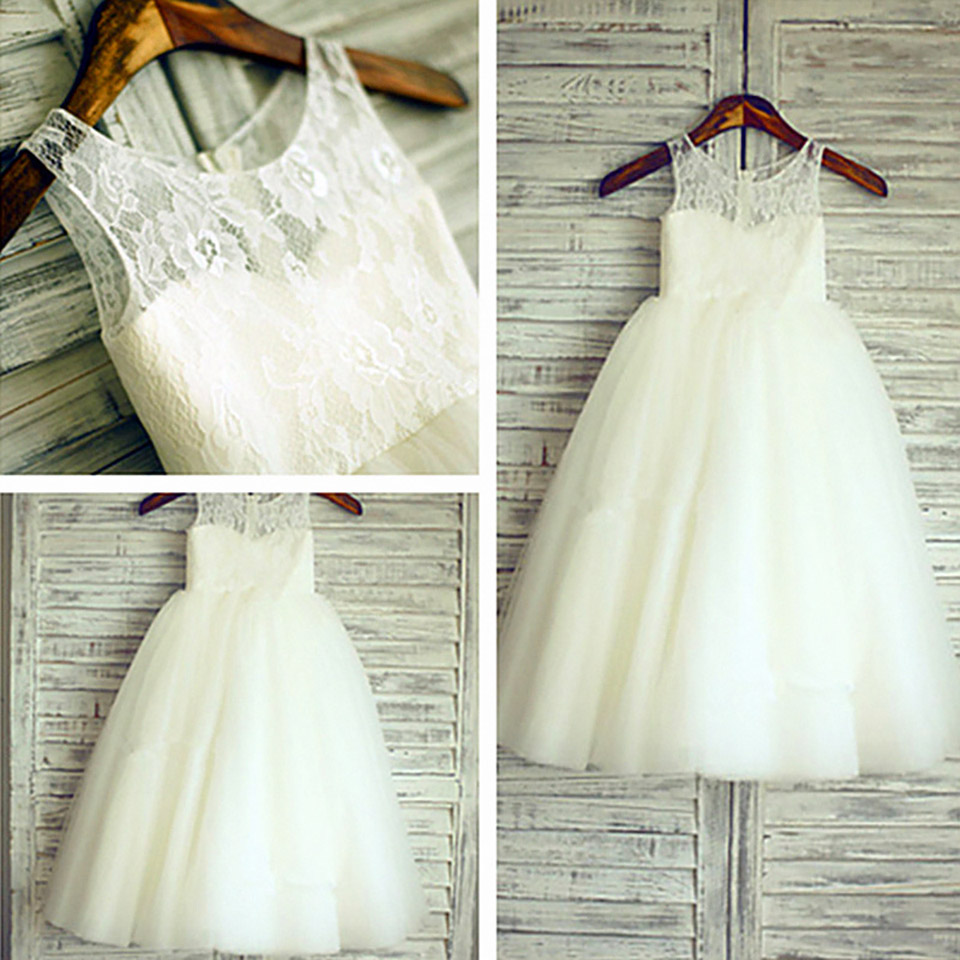 Kids Formal Wear Flower Girl Dresses white Ivory Lace Appliqué Sleeveless Tulle Pageant First Communion Party Birthday Dresses