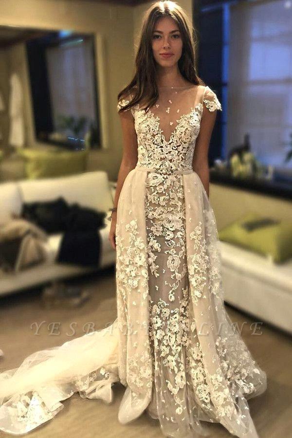 Light Champagne Mermaid Wedding Dresses With Detachable Train Short Sleeves Appliques Lace Bridal Gowns Sweep Train Robes De Mariée, White
Light Champagne Mermaid Wedding Dresses With Detachable Train Short Sleeves Appliques Lace Bridal Gowns Sweep Train Robes De Mariée, White