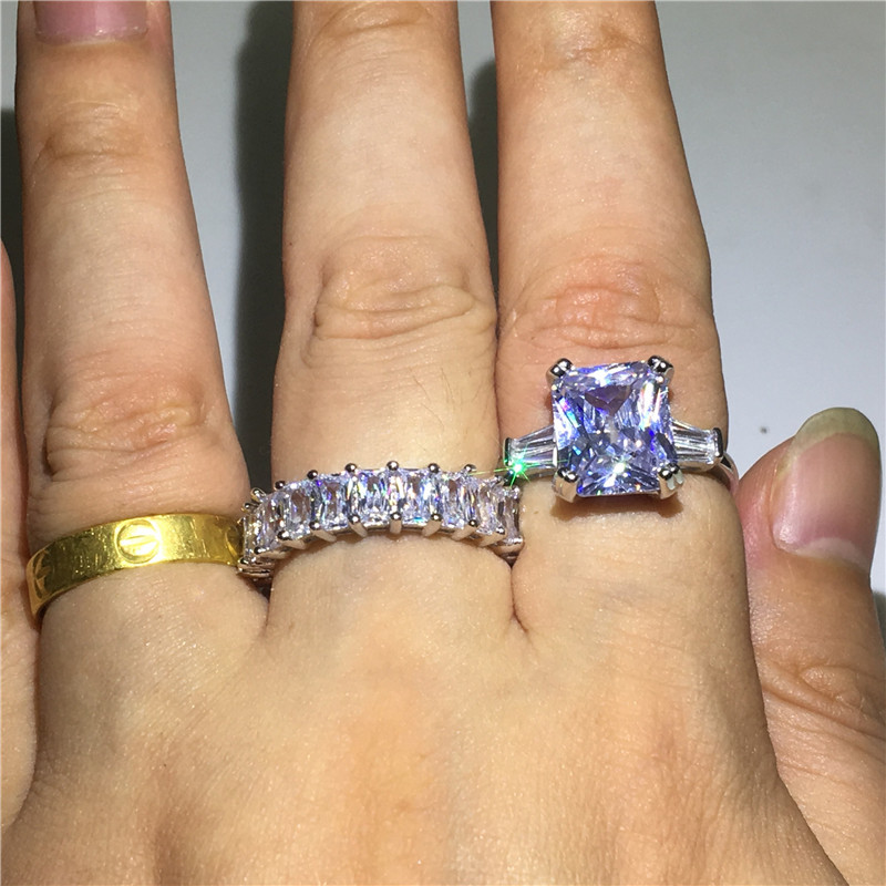 Size 5-10 Sparkling Couple Rings Luxury Jewelry 100% Real 925 Sterling Silver Princess Cut White Topaz Promise Women Wedding Bridal Ring Set