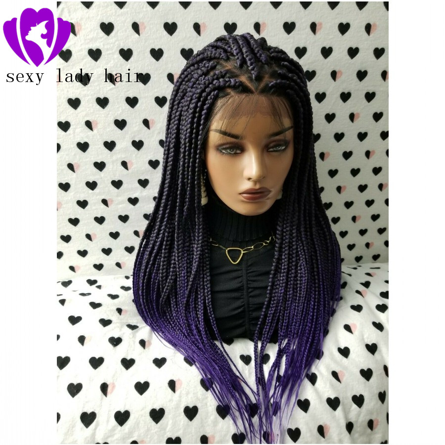 Natural Box Braided Wigs with Baby Hair Dark Roots Ombre purple Hand Tied Heat Resistant Synthetic Braided Lace Front Wigs for Women