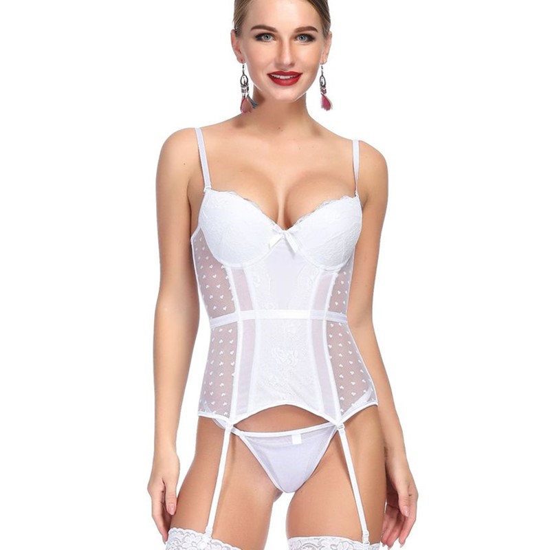 Women Sexy Gartered Push-up Bra Side Mesh 8pcs Plastic Fully Boned Bustier and Panty Set White Bridal Lingerie Corset Overbust Corselet
