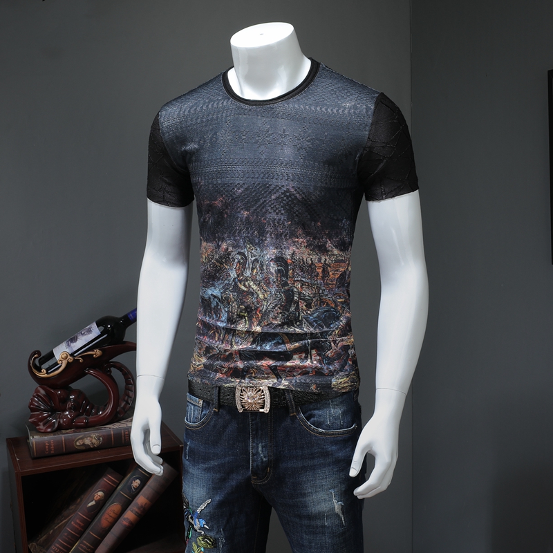 2019 summer men' short-sleeved T-shirt ice silk trend wild half-sleeve shirt round neck creative print bottoming shirt tide, Blue
2019 summer men' short-sleeved T-shirt ice silk trend wild half-sleeve shirt round neck creative print bottoming shirt tide, Blue