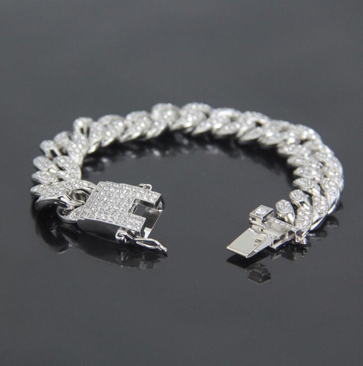 New Color 12mm Prong Cuban Link Chains Bracelets Fashion Hiphop Jewelry 3 Row Rhinestones Iced Out Braclets For Men