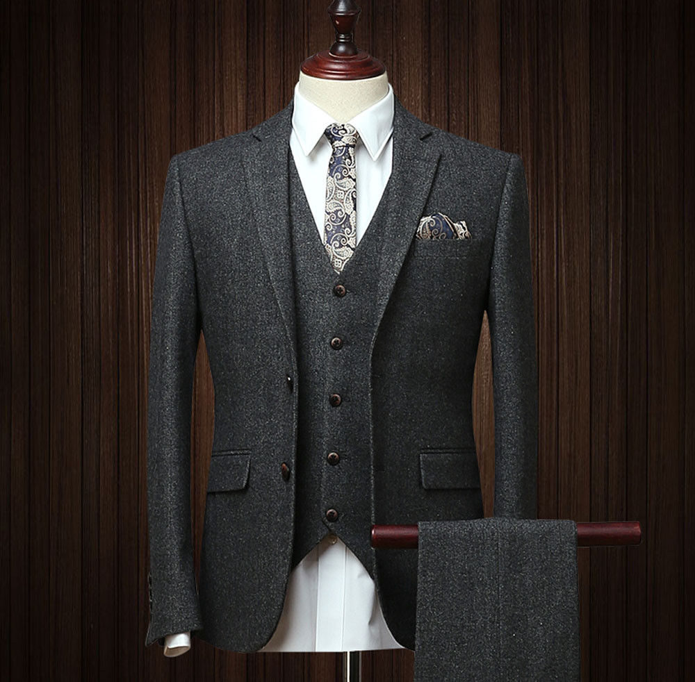 Two Bottons Mens Suits 3 Piece Wool Blend Herringbone Tweed Suit Black Vintage Tailored Fit Formal Groom Wear Business Mens Fowns