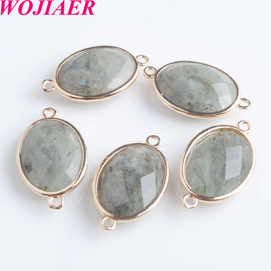 WOJIAER Oval Natural Facted Gem Stone Loose Beads Double Hole Pendant Connector for Female Necklaces Jewelry Making BZ903