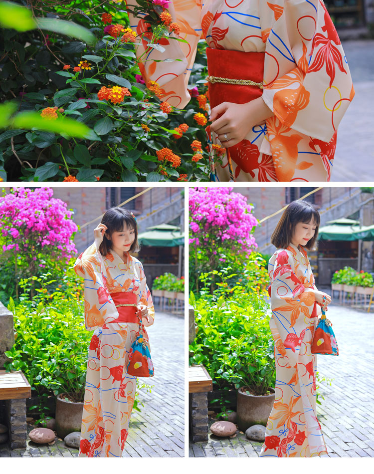 Cherry beauty Japanese kimono women formal red goldfish handle modified Clothing Standard version traditional kimono Japan Girl
