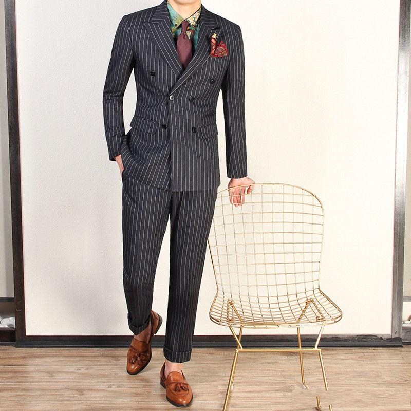 Classic Style Double Breasted Gray Strips Groom Tuxedos Peak Lapel Men Suits Wedding/Prom/Dinner Best Man Blazer (Jacket+Pants+Tie) W297