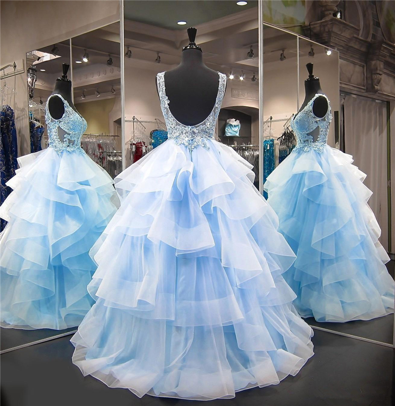 2020 New Arrival Light Sky Blue Sweet 16 Tulle Lace Quinceanera Dresses vestido debutante 15 anos Ball Gowns V Neck Sheer Prom Dress QC1485