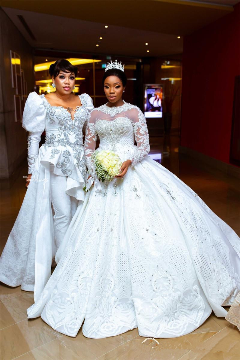 Luxury Long Sleeve 2020 Ball Gown Wedding Dress Bridal Gowns High Neck Lace Appliqued Beaded Plus Size Vestido De Novia