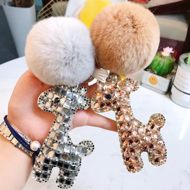 Cute Rhinestones Giraffe Keychain Doll Animal Key Ring Car Bag Pendant Rabbit Fur Pom Pom Key Chains Gift Trinkets Porte Clef