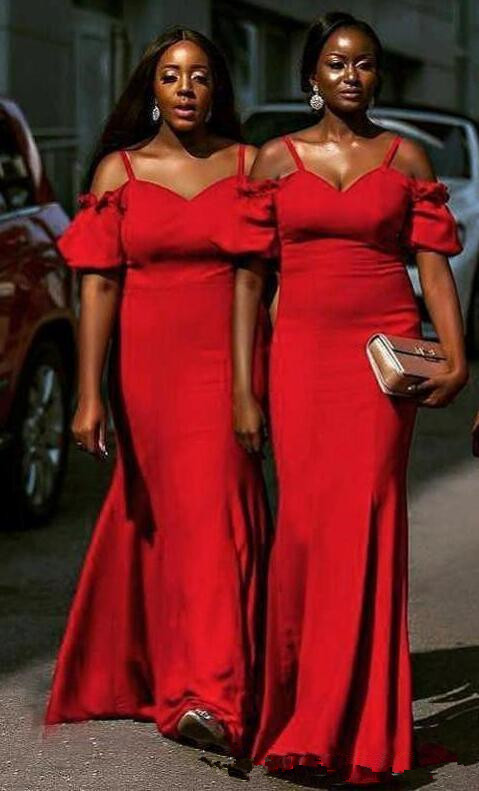 Plus Size Red Bridesmaid Dresses African Spaghetti Straps Short Sleeves Maid Of Honor Gowns Mermaid Satin Wedding Guest Dress Cheap