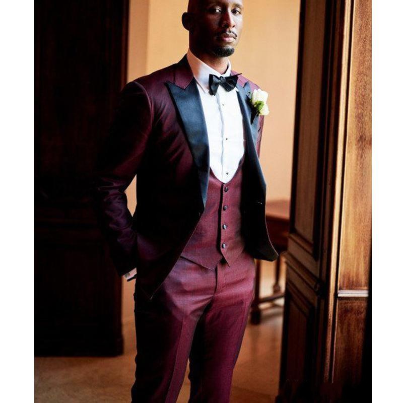 New Design One Button Burgundy Wedding Men Suits Peak Lapel Three Pieces Business Groom Tuxedos (Jacket+Pants+Vest+Tie) W1161