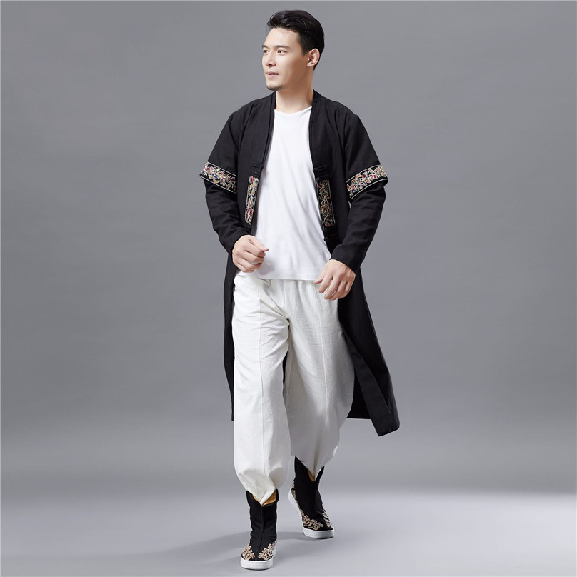 2019 Spring Autumn New Double Collar Long Sleeve T-shirt Men's Retro Fashion Long-style Chinese National Clothing Classic Design