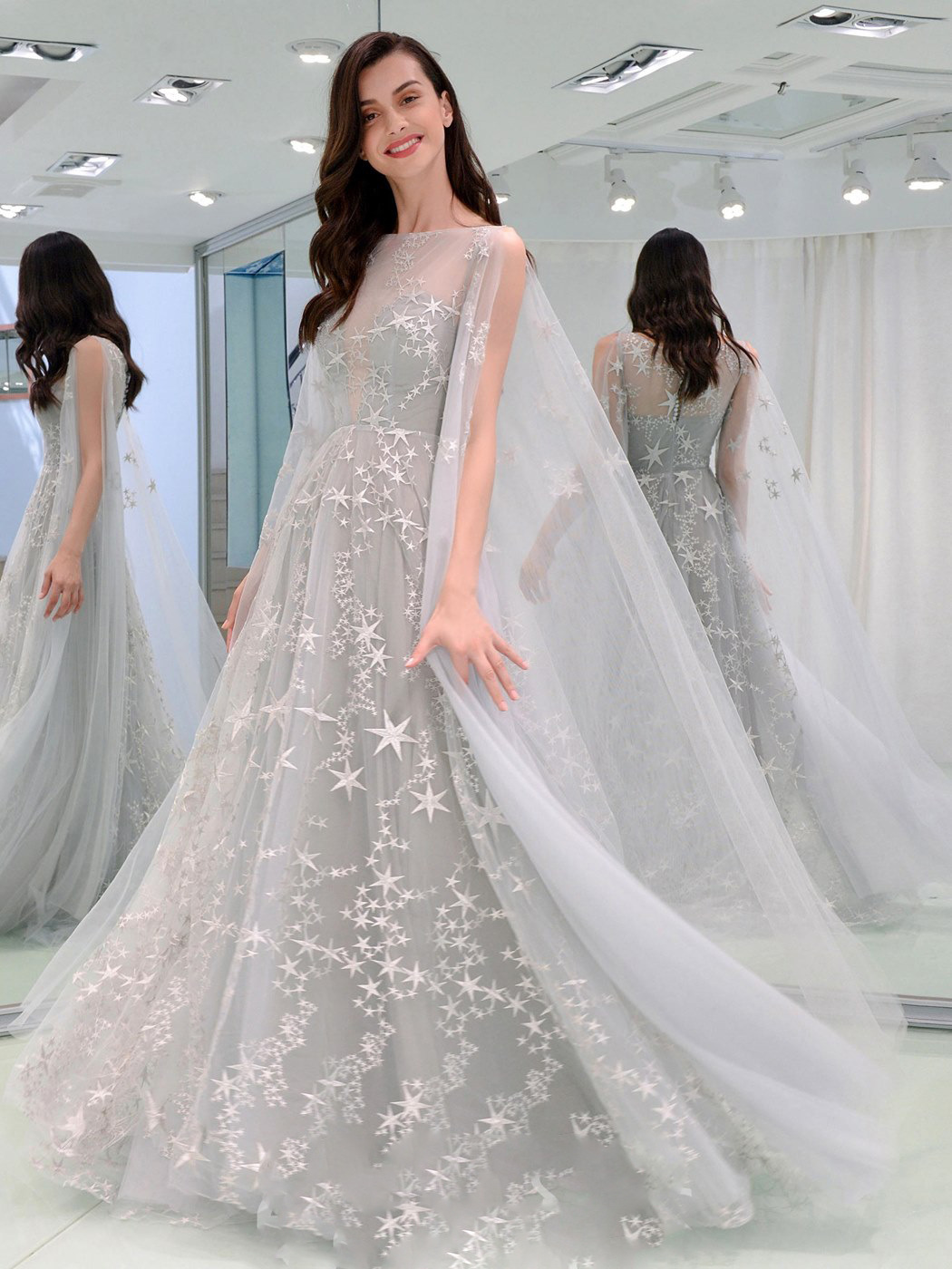 Elegant Unique Design Prom Dresses with Wraps 2020 Sheer Neck Star Appliques Party Dress vestidos de fiesta