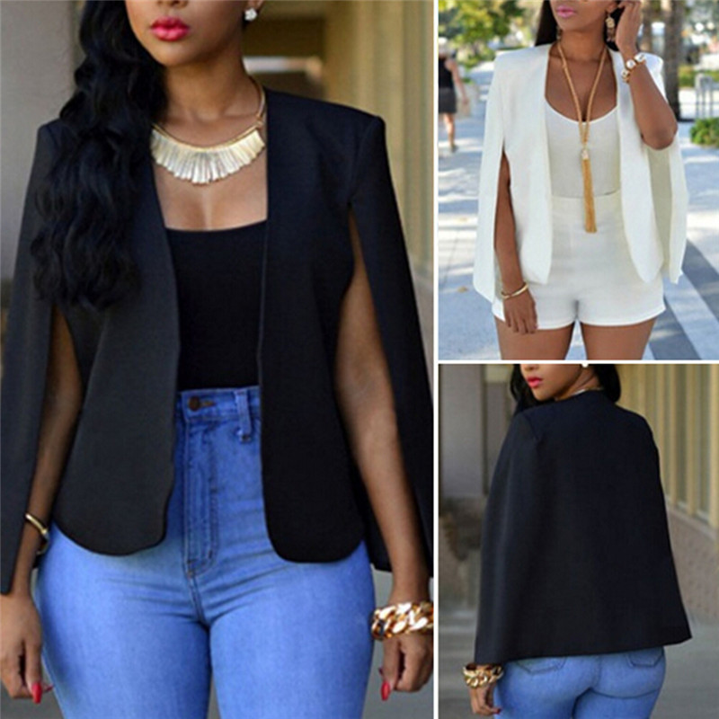 Wholesale-New Ladies Women Long Sleeve Lapel Cape Poncho Office Jacket Cloak Blazer Suit Coat