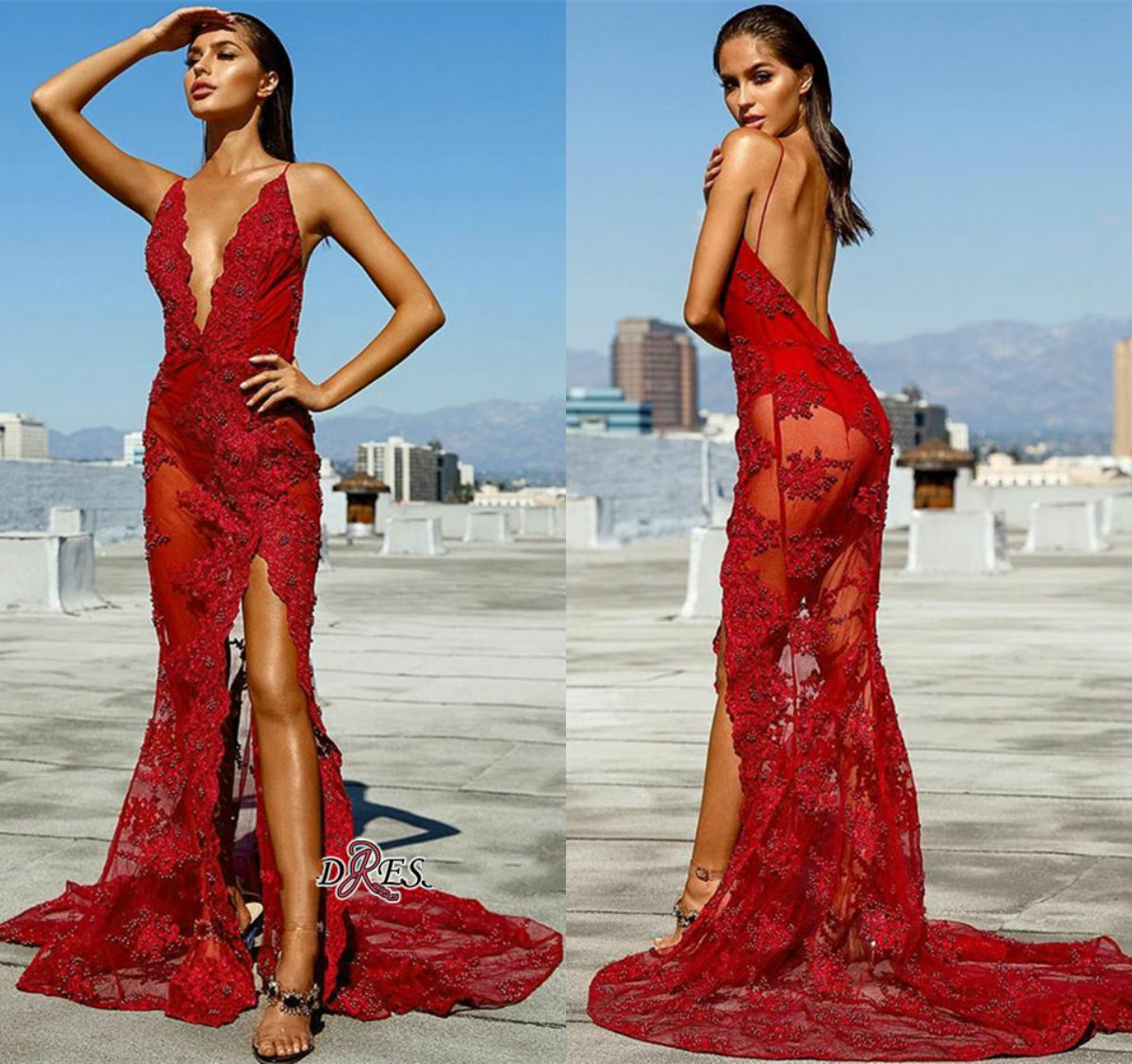 Red Prom Dresses Deep V Neck Sweep Train Lace Appliques Sexy Backless Evening Dress 2019 Formal Party Gowns Custom Women Robe Side Split