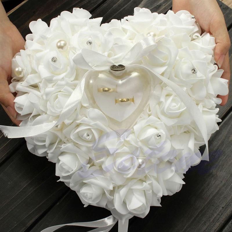 

Wedding Ceremony Ivory Satin Crystal Ring Bearer Pillow Cushion Ring Pillow, White