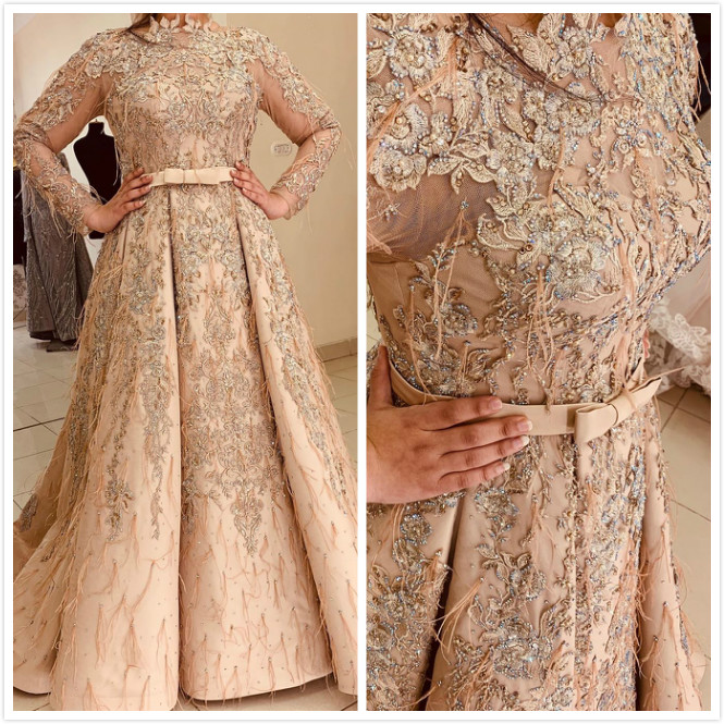 2020 Arabic Aso Ebi Muslim Luxurious Gold Evening Dresses Lace Crystals Beaded Prom Dresses Feather Formal Party Second Reception Gowns ZJ34
