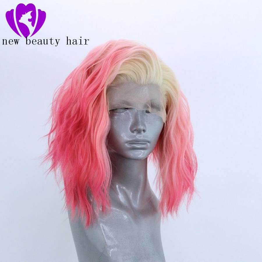 High Temperature Fiber 360 Frontal short loose Wave Full Hair Wigs ombre pink color Synthetic Lace Front Wig For Women With Free Part