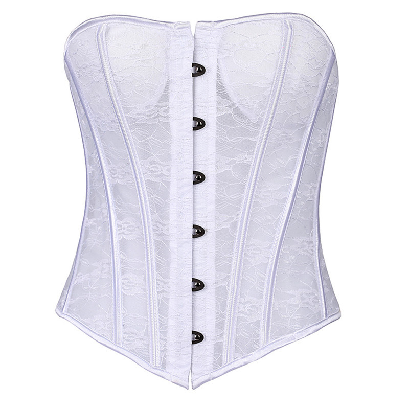 Lace Mesh Overbust Corset Top Women Fashion Transparent Plastic Boned Underwire Padded Cups Sexy Lace-up White Bridal Corset