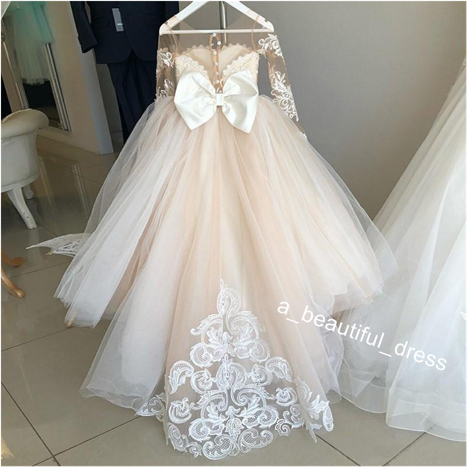 Latest Cute Jewel Flower Girl Birthday Dresses Ball Gown Sheer Neck Long Sleeve With Lace Applique Kids Girls Pageant Dresses FG1307