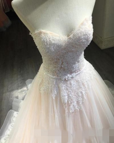 Blush Pink Organza Ball Dresses Sweetheart Necke Lace Applique Sequins Beaded Wedding Bridal Gown Custom Made 403 0227Lz