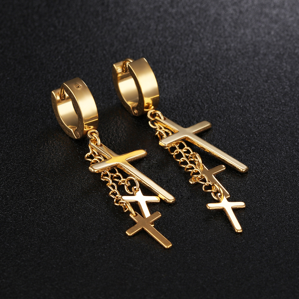 Cool Men Charm Cross Hoop Earrings Jewelry Gold Plated 316L Stainless Steel Ear Bone Nail Earrings