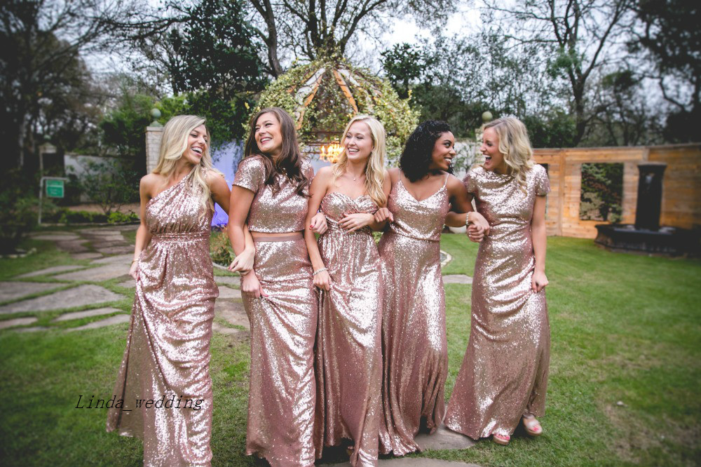 New Arrival Vintage Long Rose Gold Bridesmaid Dress Cheap Western Sequin Sparkly Ruffled Maid of Honor Gown Plus Size Custom Made