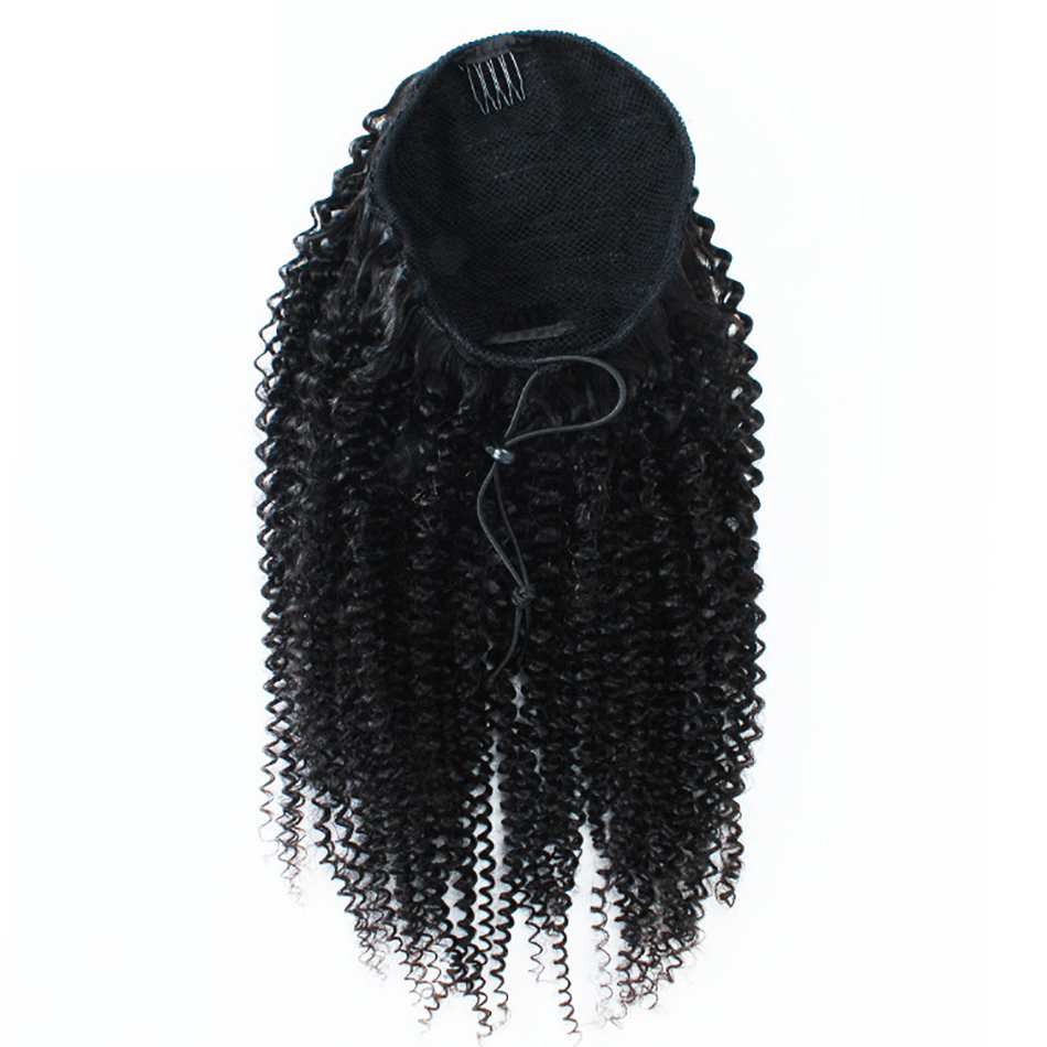 Afro Kinky Curly Human Remy Brazilian Drawstring Ponytail 1 Piece Clip In Hair Extensions 1B Pony Tail