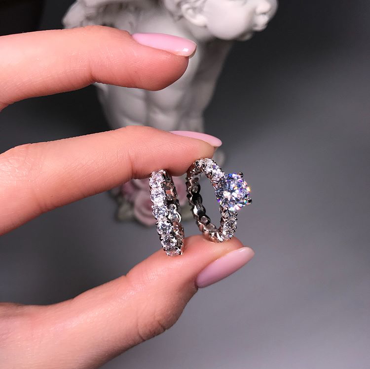 Fashion- Silver Wedding Ring For Lovers SILVER Color Crystal CZ Couple Rings Set Full Zirconia Women Engagement Wedding Rings Fine Jewelry