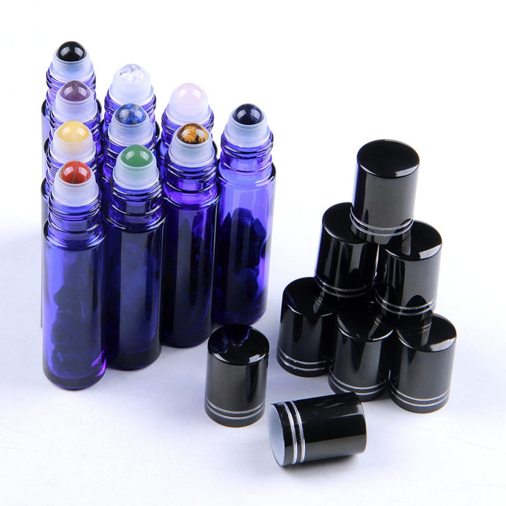 Gemstone Roller Ball Cobalt Glass Essential Oil Bottles 10ml Crystal Chips Inside Portable Make up Containers 10pcs/lot
