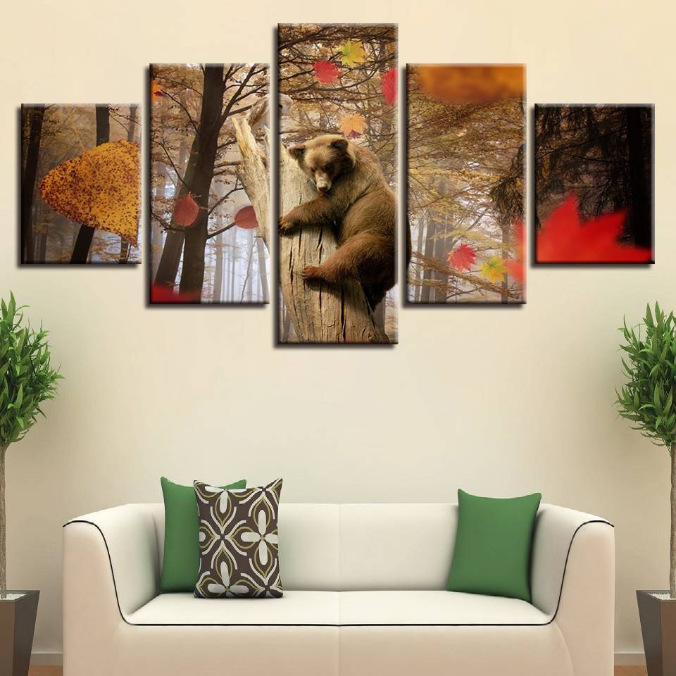 5 Pieces Animal Cute Dog Bear In The Tree And Maple Leaf Scenery Painting Modular Decor Wall Pictures(No Frame)