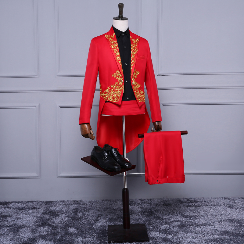 Red White New Style Tuxedos With Tails For Groom Gold Appliques Prom Party Tailcoat para hombre Slim Fit Mens Wedding Tuxedos Custom Made