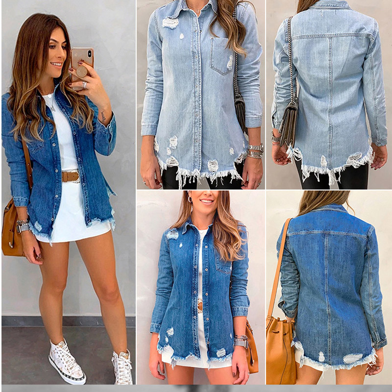 spring new arrival ripped women denim shirts pokets button front blouse denim coat long sleeve broken tassel bottom shirts, Blue
spring new arrival ripped women denim shirts pokets button front blouse denim coat long sleeve broken tassel bottom shirts, Blue