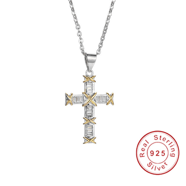 Unique Sterg Sier Princess Cut Topaz Cross Pendant Necklace for Women 536c