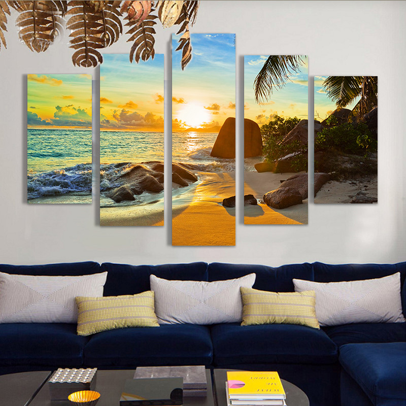 Modern Home Wall Art Decor Frame Modular Canvas Oil Pictures HD Print Painting 5 Panel Ocean Sunset Beach Seascape Poster No Framed