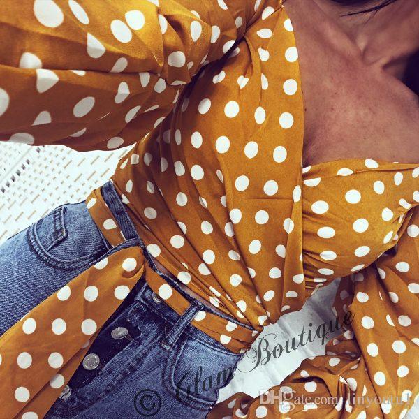 2020 Women Sexy Long Puff Sleeve V-Neck Polka Dot Ruched Blouse Shirt With Belt V-neck wave puff sleeve with belt shirt