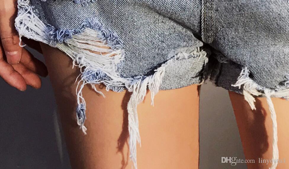 2020 European and American BF summer wind female blue high waist denim shorts women worn loose burr hole jeans shorts